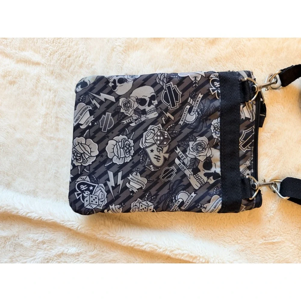 Harley Davidson Motorcycle Gray Tattoo Cross Body Bag Skull Hearts Roses EUC
